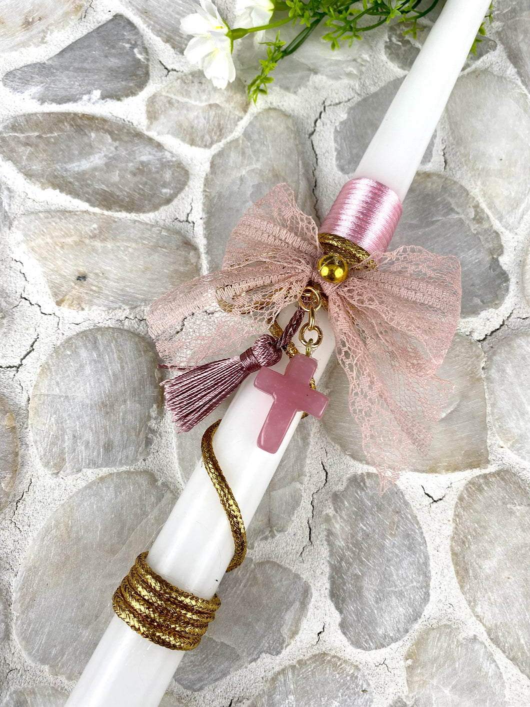 Corded Easter Candle with Glass Cross Keychain and Tassel EC202395